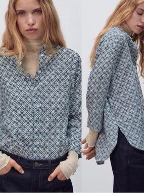 Zara Sz L 100% Linen Boxy Blue Printed Button-Front Shirt 3/4 Sleeves Mini Slits